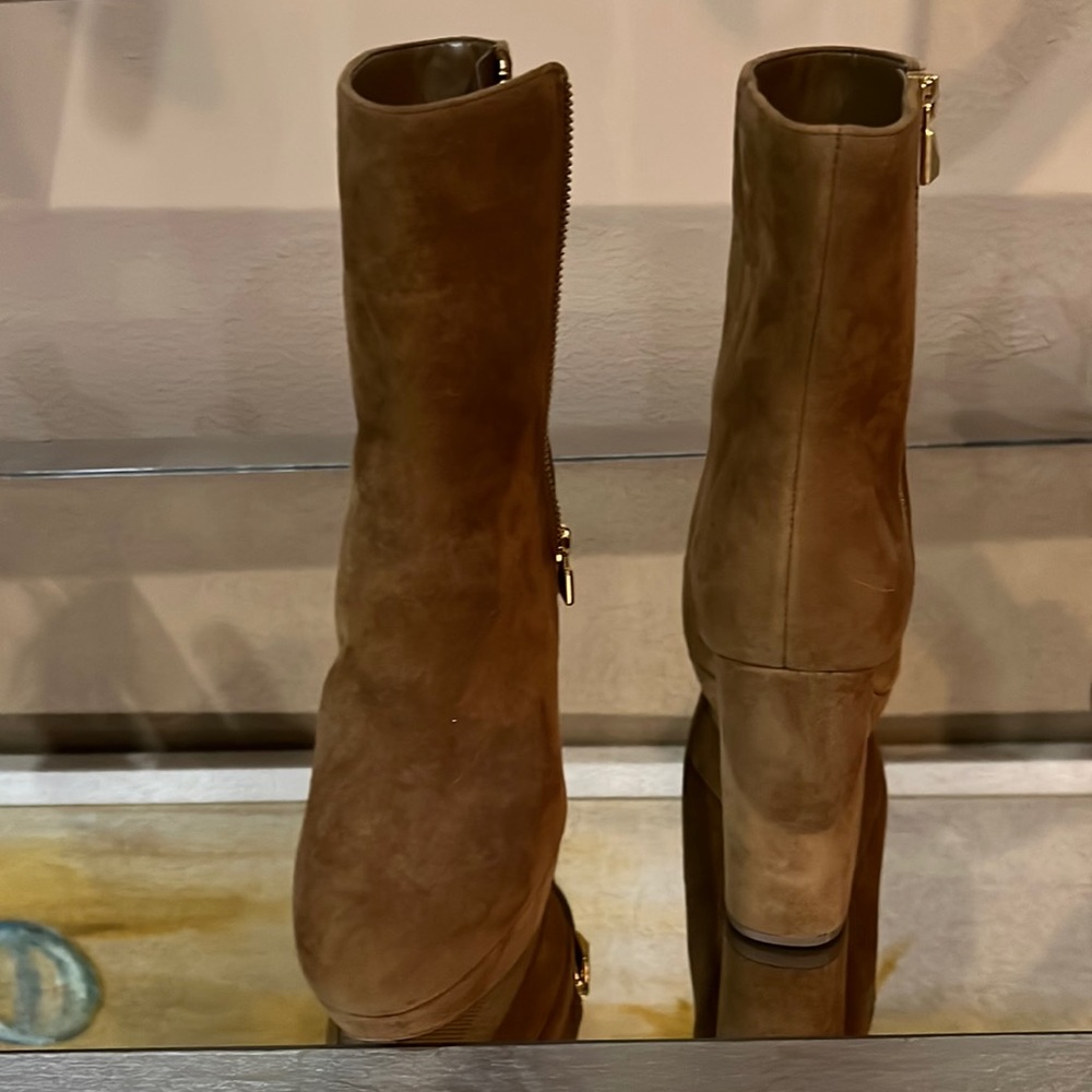 Michael Kors platform, booties, suede, and gold.